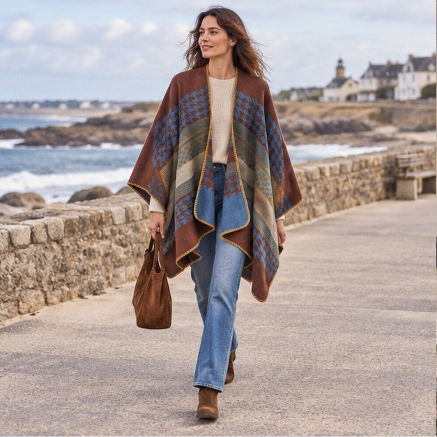 Cape Poncho Femme Motifs Péruvien – Bleu / Adulte, en situation sur la côte Atlantique