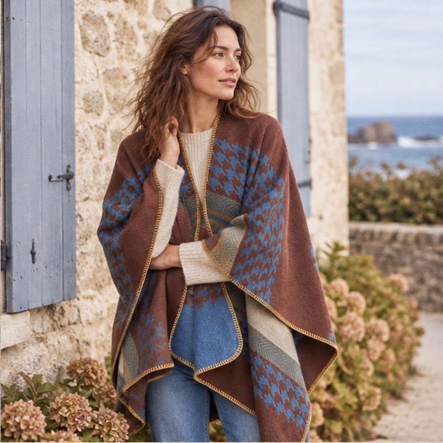 Cape Poncho Femme Motifs Péruvien – Bleu / Adulte, dans un intérieur côtier lumineux