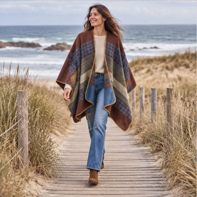 Cape Poncho Femme Motifs Péruvien – Bleu / Adulte, porté en mouvement au bord de l’océan