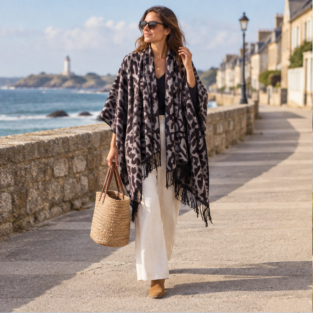 Cape Poncho Leopard Femme – Café / Adulte, en situation sur la côte Atlantique