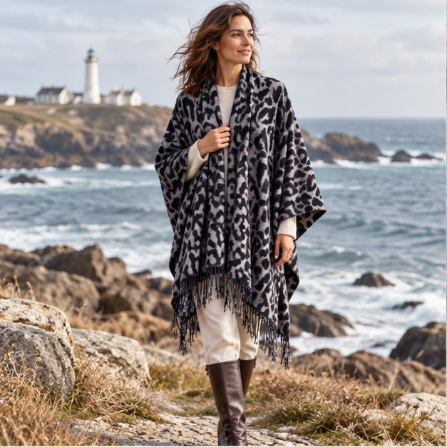 Cape Poncho Leopard Femme – Gris / Adulte, en situation sur la côte Atlantique