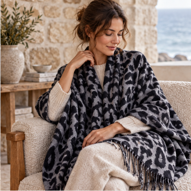 Cape Poncho Leopard Femme – Gris / Adulte, dans un intérieur côtier lumineux