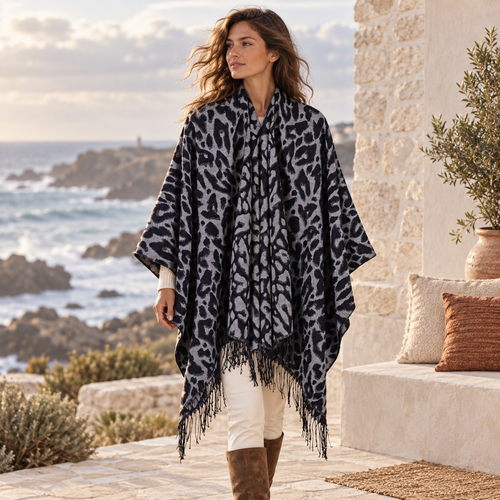 Cape Poncho Leopard Femme – Gris / Adulte, visuel principal lifestyle