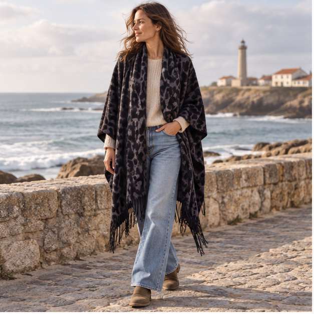 Cape Poncho Leopard Femme – Gris Foncé / Adulte, en situation sur la côte Atlantique