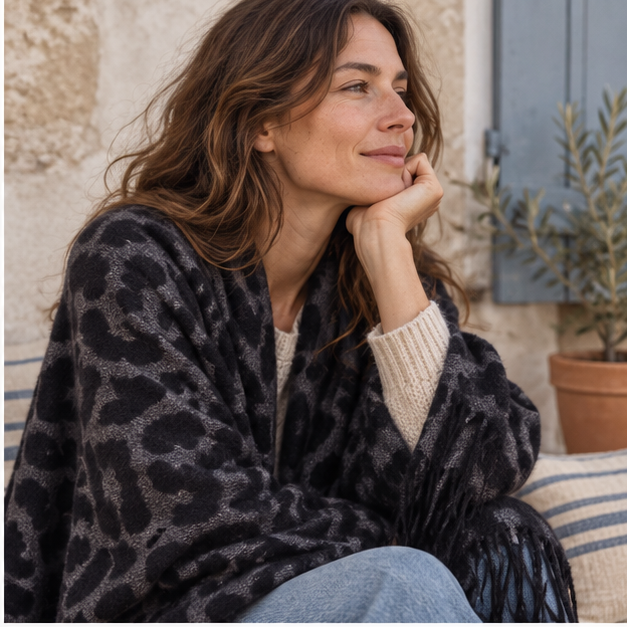 Cape Poncho Leopard Femme – Gris Foncé / Adulte, dans un intérieur côtier lumineux