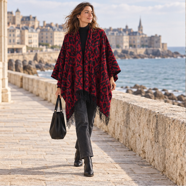 Cape Poncho Leopard Femme – Rouge / Adulte, en situation sur la côte Atlantique