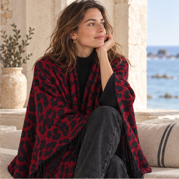 Cape Poncho Leopard Femme – Rouge / Adulte, dans un intérieur côtier lumineux