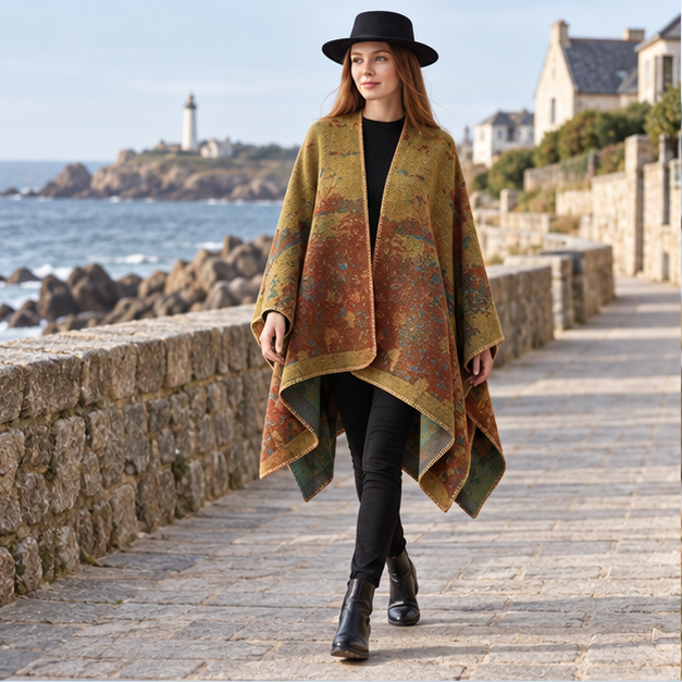 Cape Poncho Long Femme – Camel / Adulte, en situation sur la côte Atlantique
