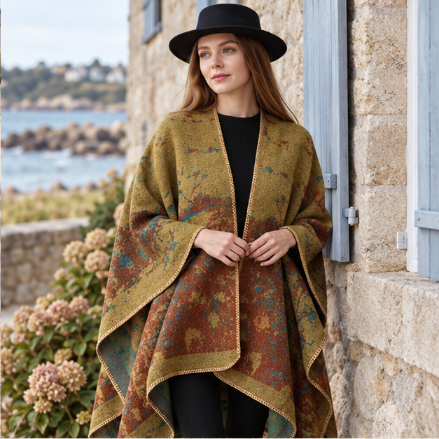 Cape Poncho Long Femme – Camel / Adulte, dans un intérieur côtier lumineux