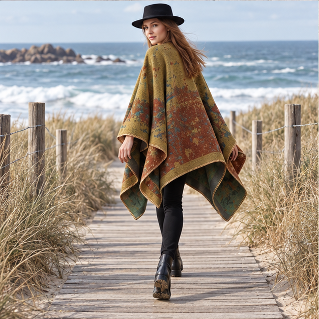 Cape Poncho Long Femme – Camel / Adulte, porté en mouvement au bord de l’océan