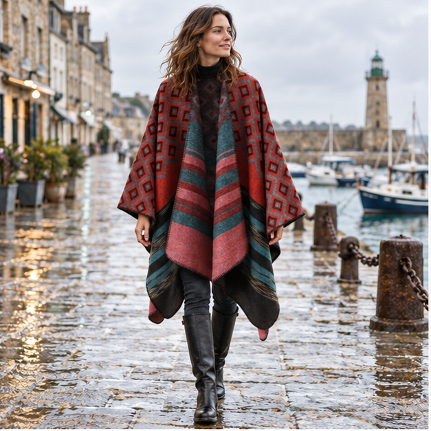 Cape Poncho Motifs Géométriques – Rouge / Adulte, en situation sur la côte Atlantique