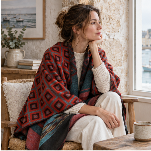 Cape Poncho Motifs Géométriques – Rouge / Adulte, dans un intérieur côtier lumineux