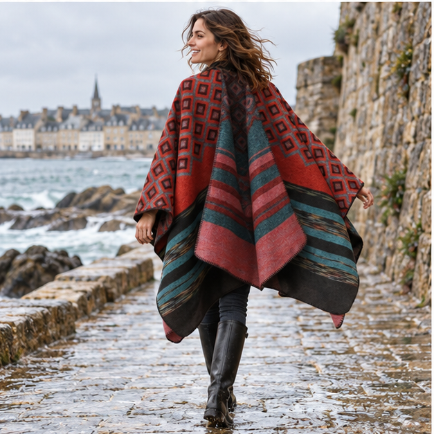Cape Poncho Motifs Géométriques – Rouge / Adulte, porté en mouvement au bord de l’océan