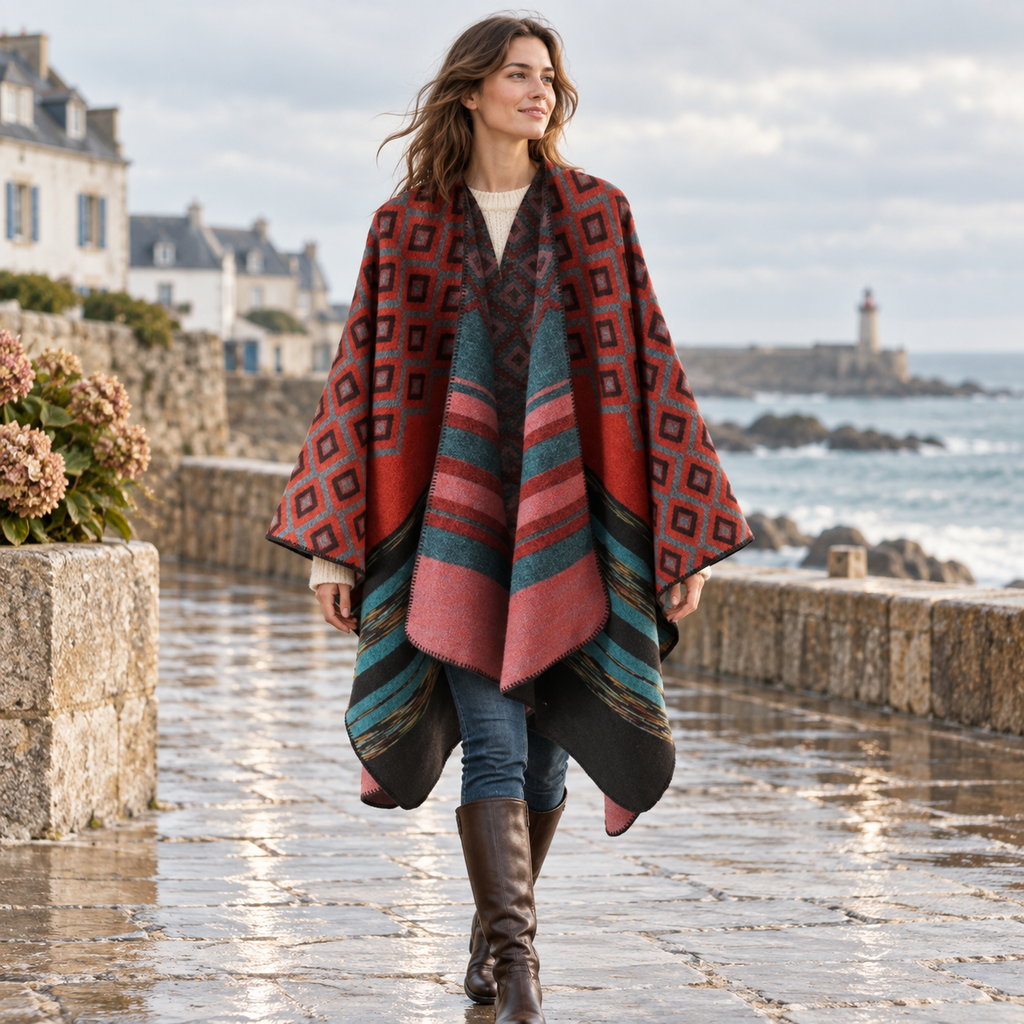 Cape Poncho Motifs Géométriques – Rouge / Adulte, visuel principal lifestyle