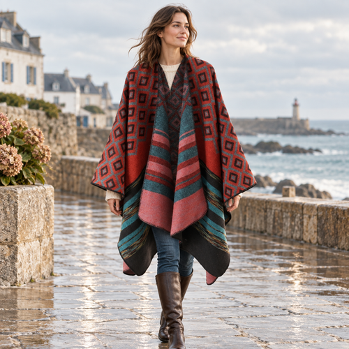 Cape Poncho Motifs Géométriques – Rouge / Adulte, visuel principal lifestyle