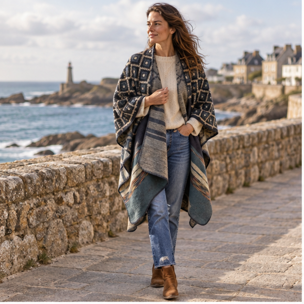 Cape Poncho Motifs Géométriques – Bleu Marine / Adulte, en situation sur la côte Atlantique