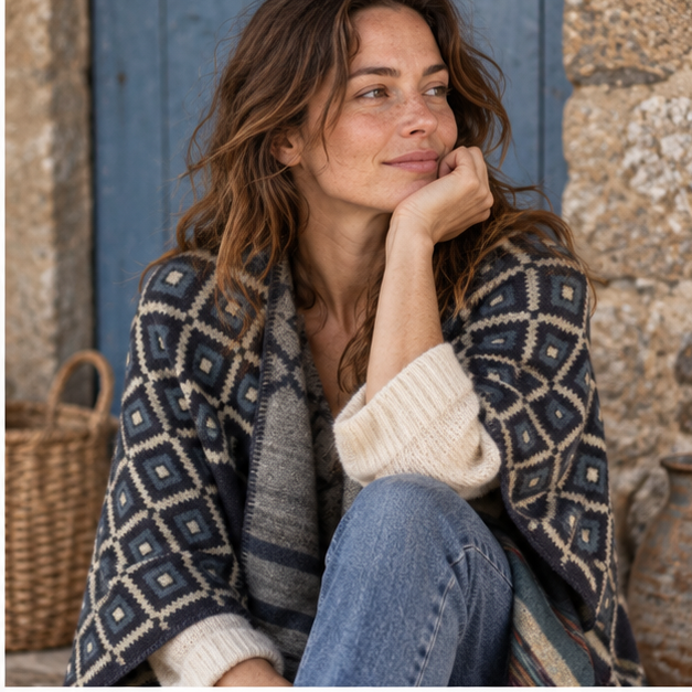 Cape Poncho Motifs Géométriques – Bleu Marine / Adulte, dans un intérieur côtier lumineux