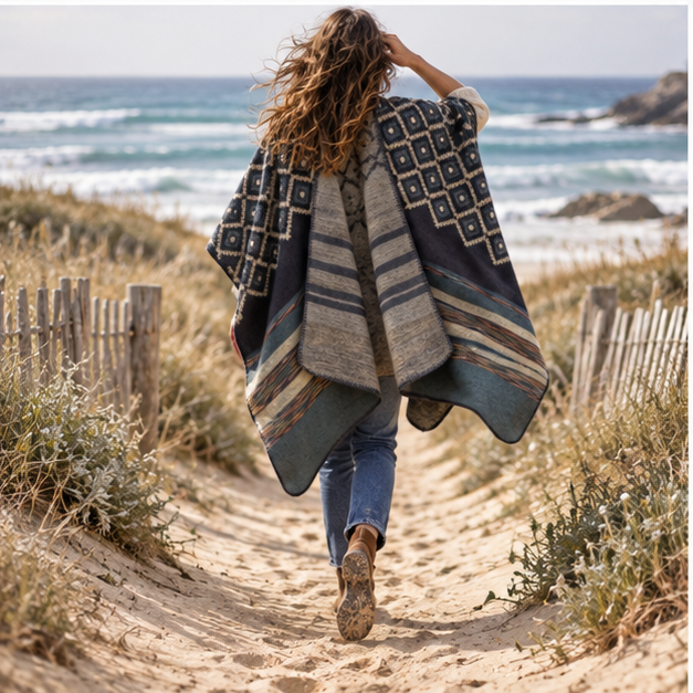 Cape Poncho Motifs Géométriques – Bleu Marine / Adulte, porté en mouvement au bord de l’océan