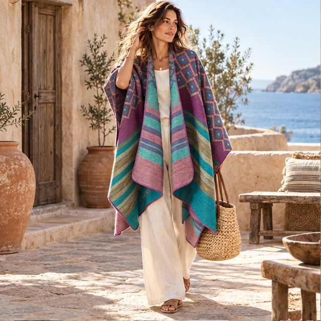 Cape Poncho Motifs Géométriques – Violet / Adulte, en situation sur la côte Atlantique