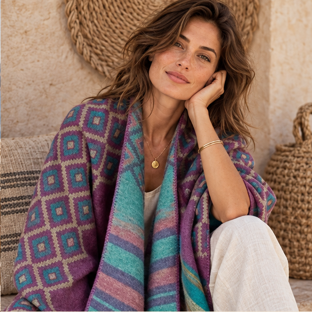 Cape Poncho Motifs Géométriques – Violet / Adulte, dans un intérieur côtier lumineux