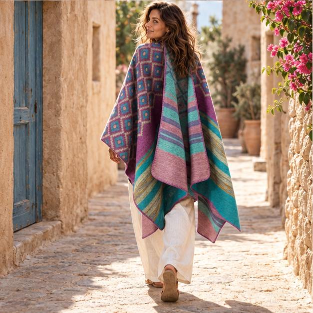 Cape Poncho Motifs Géométriques – Violet / Adulte, porté en mouvement au bord de l’océan
