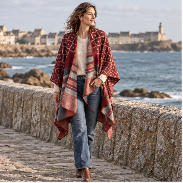 Cape Poncho Motifs Géométriques – Bordeaux / Adulte, en situation sur la côte Atlantique