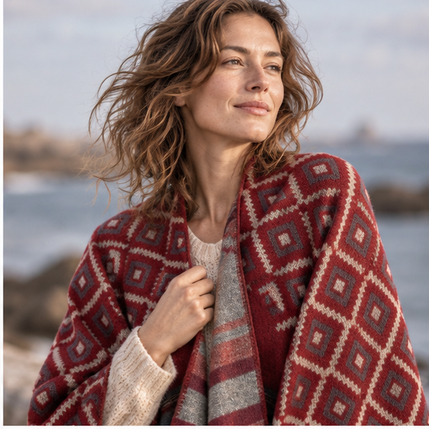 Cape Poncho Motifs Géométriques – Bordeaux / Adulte, dans un intérieur côtier lumineux
