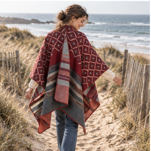 Cape Poncho Motifs Géométriques – Bordeaux / Adulte, porté en mouvement au bord de l’océan
