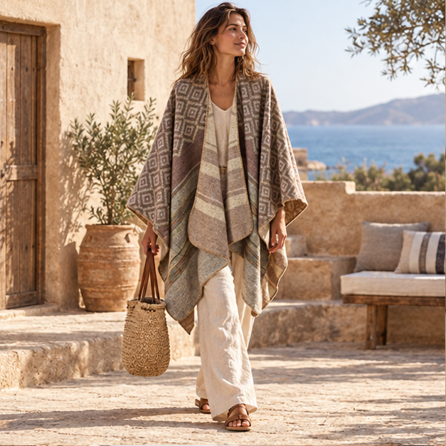 Cape Poncho Motifs Géométriques – Kaki / Adulte, en situation sur la côte Atlantique