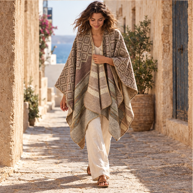 Cape Poncho Motifs Géométriques – Kaki / Adulte, porté en mouvement au bord de l’océan