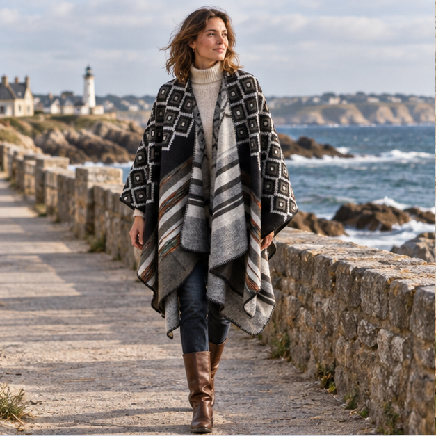 Cape Poncho Motifs Géométriques – Noir / Adulte, en situation sur la côte Atlantique