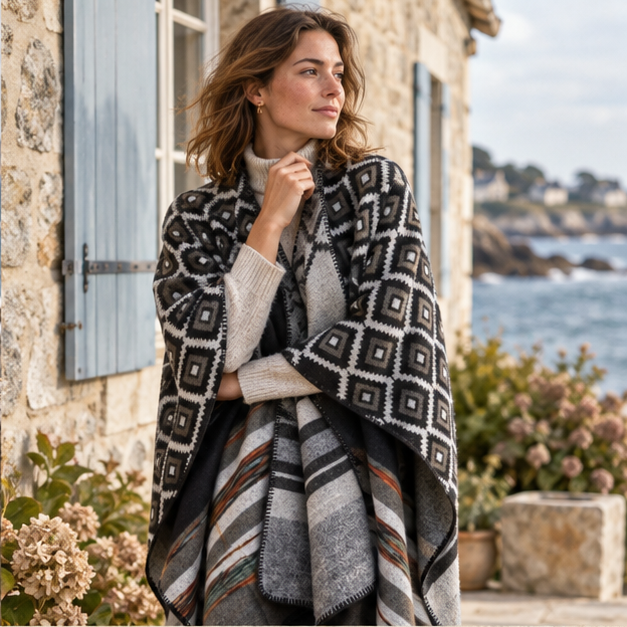 Cape Poncho Motifs Géométriques – Noir / Adulte, dans un intérieur côtier lumineux
