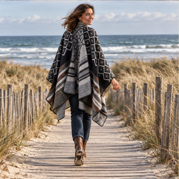 Cape Poncho Motifs Géométriques – Noir / Adulte, porté en mouvement au bord de l’océan