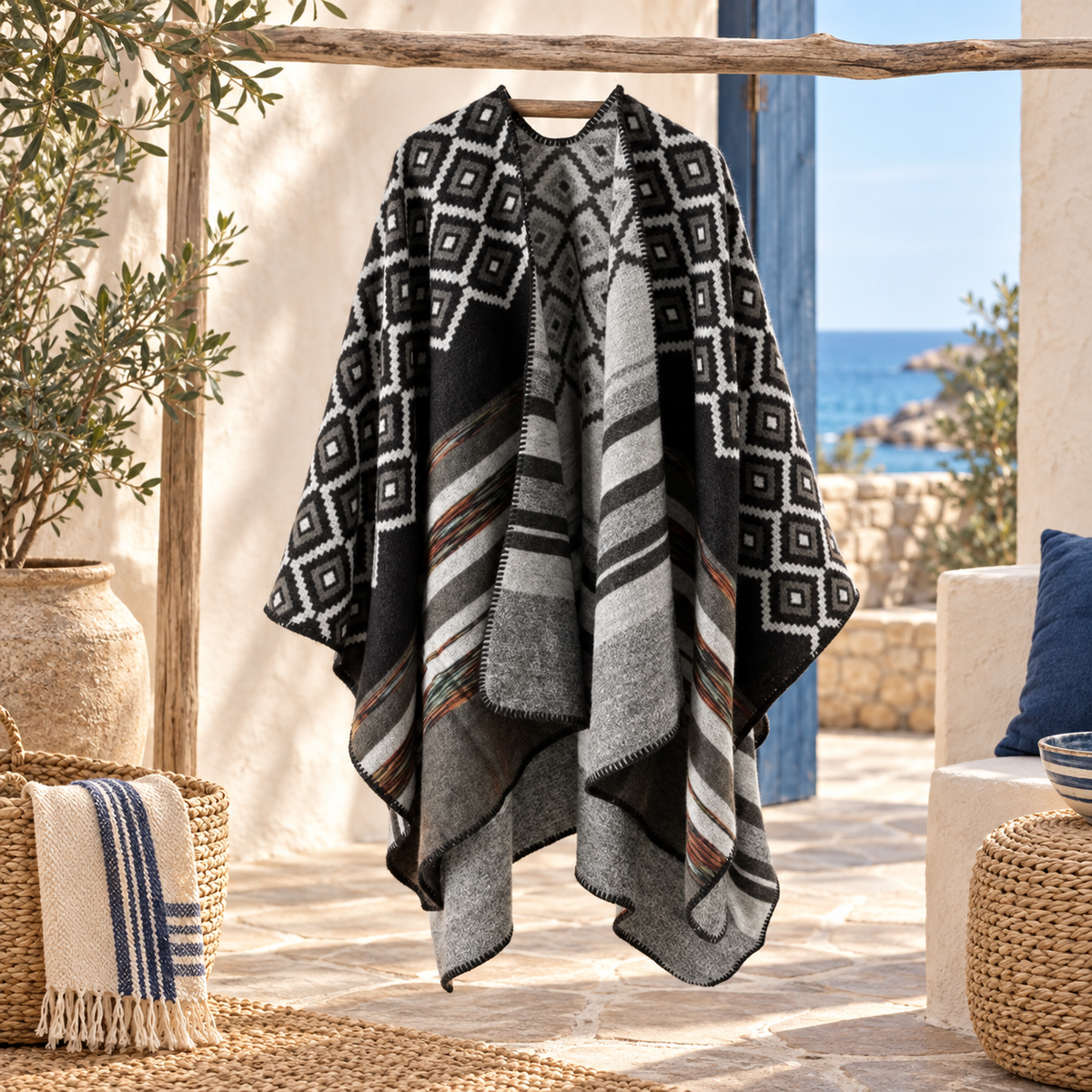 Cape Poncho Motifs Géométriques – Noir / Adulte, visuel principal lifestyle