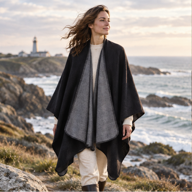 Cape Poncho Noir – Noir / Adulte, en situation sur la côte Atlantique