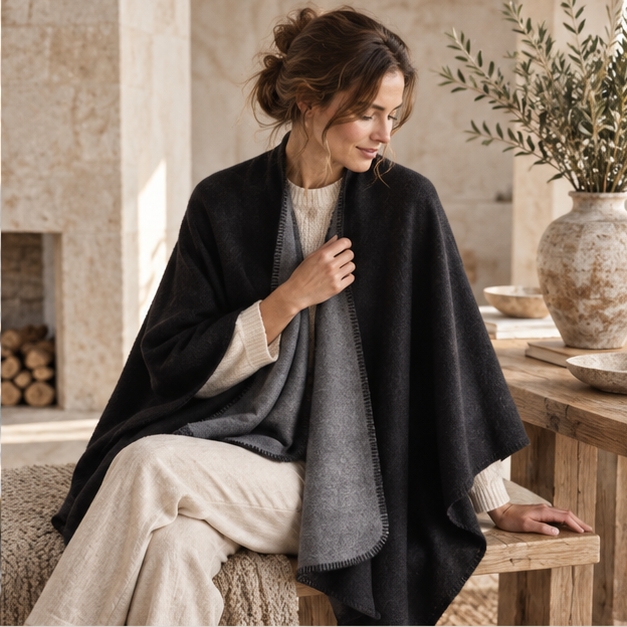 Cape Poncho Noir – Noir / Adulte, dans un intérieur côtier lumineux