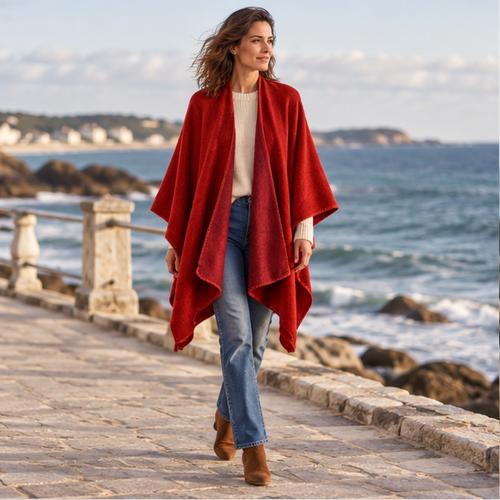 Cape Poncho Rouge – Rouge / Adulte, en situation sur la côte Atlantique