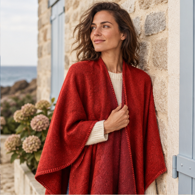 Cape Poncho Rouge – Rouge / Adulte, dans un intérieur côtier lumineux