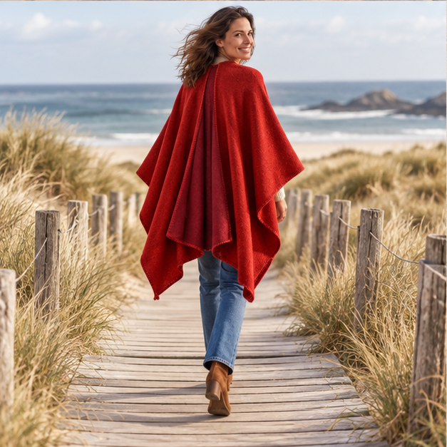 Cape Poncho Rouge – Rouge / Adulte, porté en mouvement au bord de l’océan