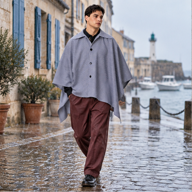 Chemise Poncho – Bleu / Adulte, en situation sur la côte Atlantique