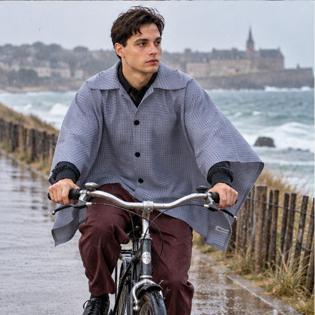 Chemise Poncho – Bleu / Adulte, porté en mouvement au bord de l’océan