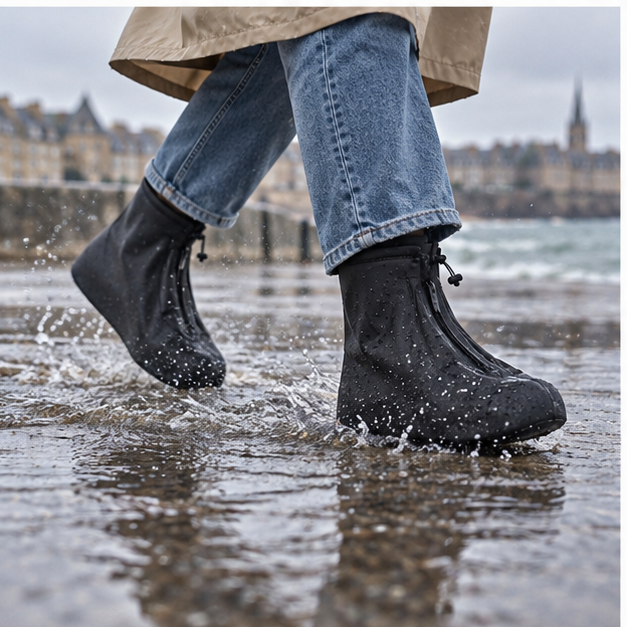 Couvre-chaussures de pluie imperméables et réutilisables – 35-36, 37-38, 39-40, 41-42, 43-44, 45-46, porté en mouvement au…