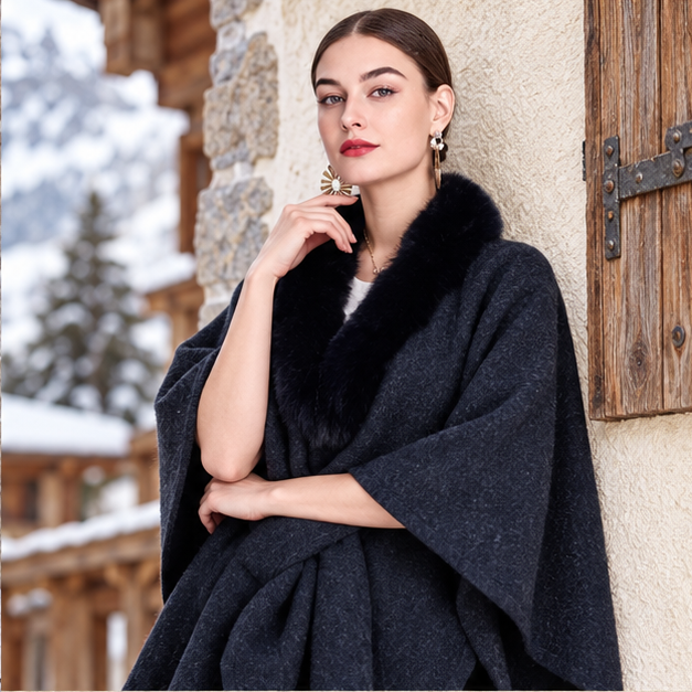 Manteau Poncho Col Fourrure – Bleu Marine / Adulte, dans un intérieur côtier lumineux