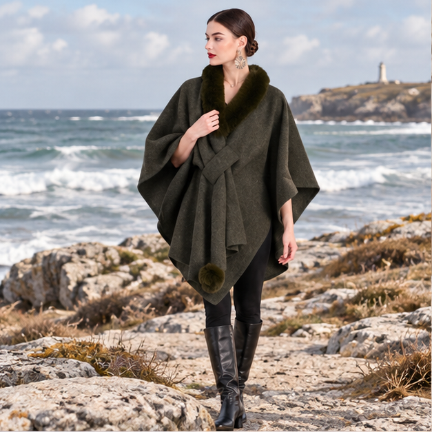 Manteau Poncho Col Fourrure – Vert Foncé / Adulte, en situation sur la côte Atlantique