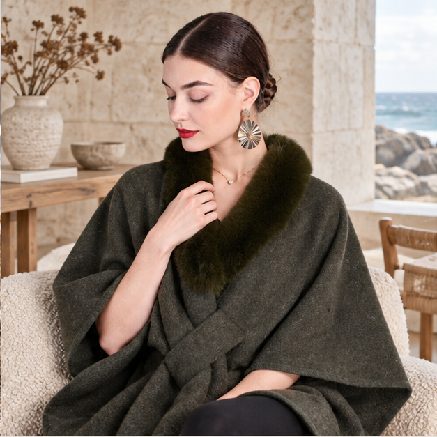 Manteau Poncho Col Fourrure – Vert Foncé / Adulte, dans un intérieur côtier lumineux