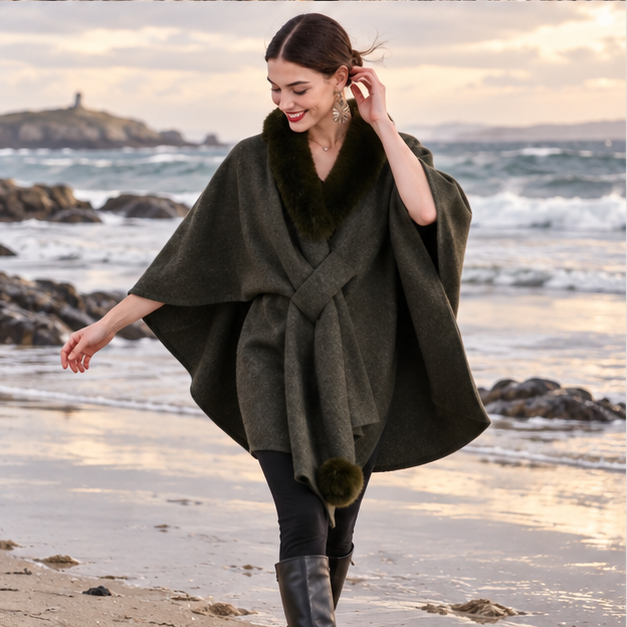 Manteau Poncho Col Fourrure – Vert Foncé / Adulte, porté en mouvement au bord de l’océan