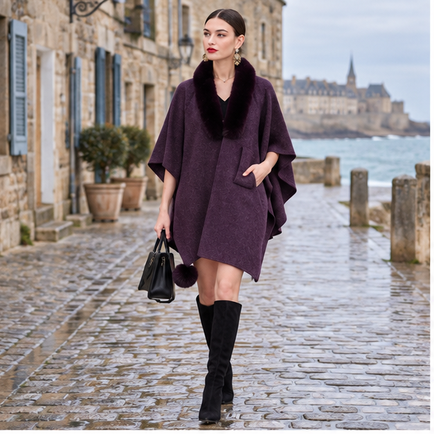 Manteau Poncho Col Fourrure – Violet / Adulte, en situation sur la côte Atlantique