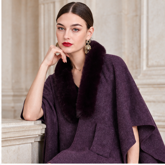 Manteau Poncho Col Fourrure – Violet / Adulte, dans un intérieur côtier lumineux