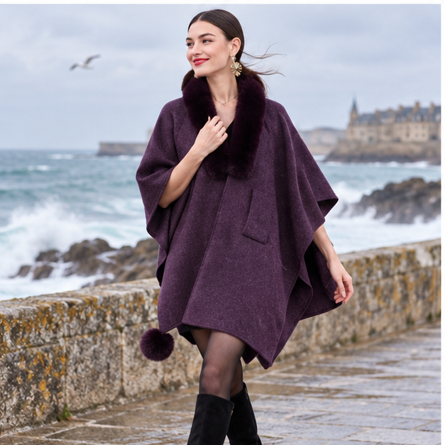 Manteau Poncho Col Fourrure – Violet / Adulte, porté en mouvement au bord de l’océan