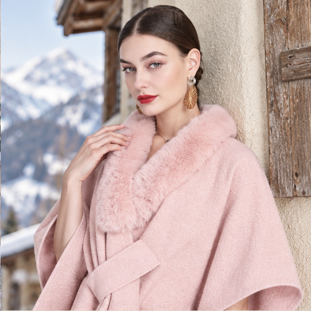 Manteau Poncho Col Fourrure – Rose / Adulte, dans un intérieur côtier lumineux
